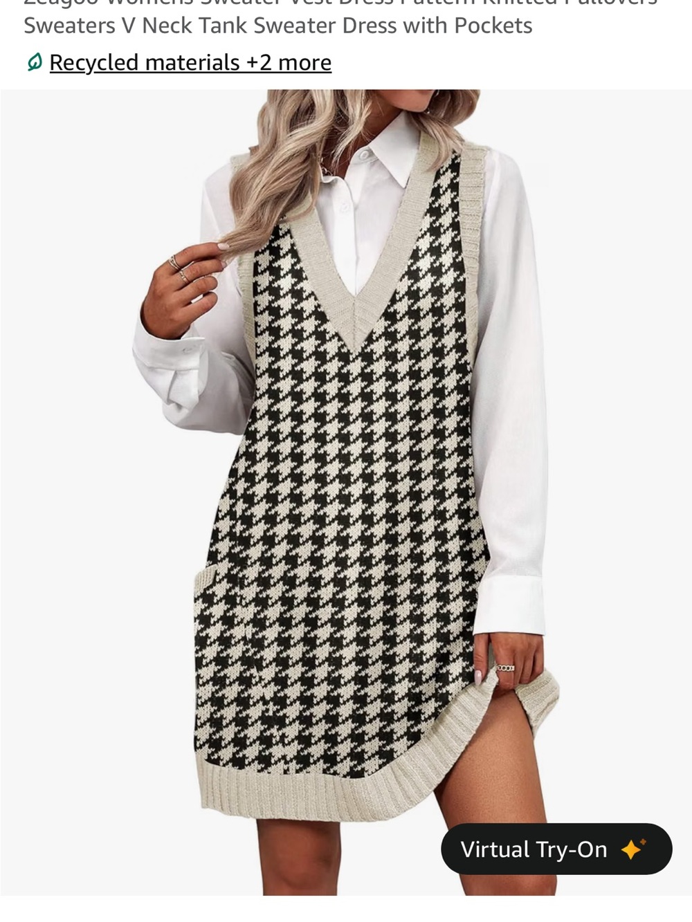 Houndstooth Knit Sweater Vest Dress in Black & Cream